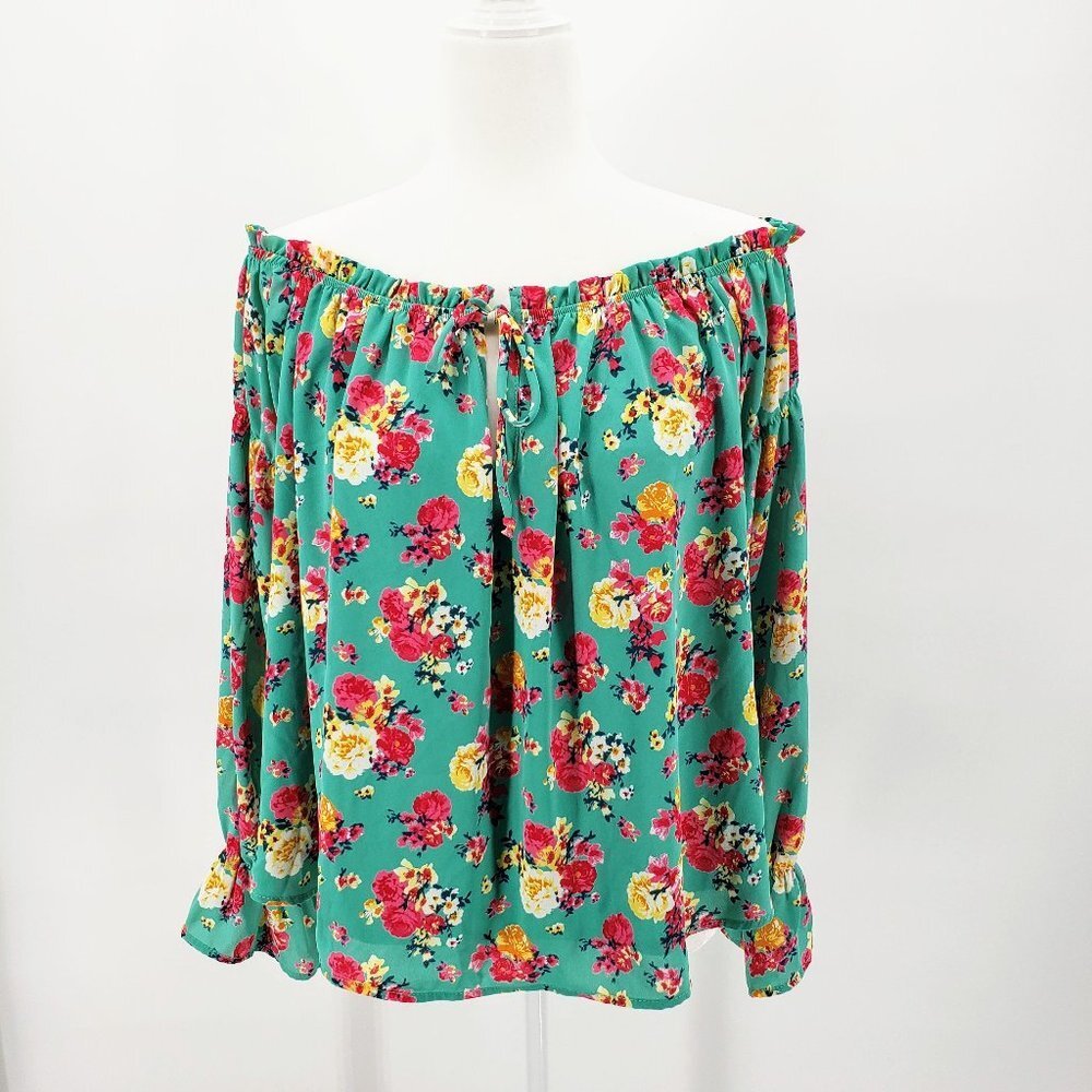 PEACH LOVE Floral Off Shoulder Bell Sleeve Top L